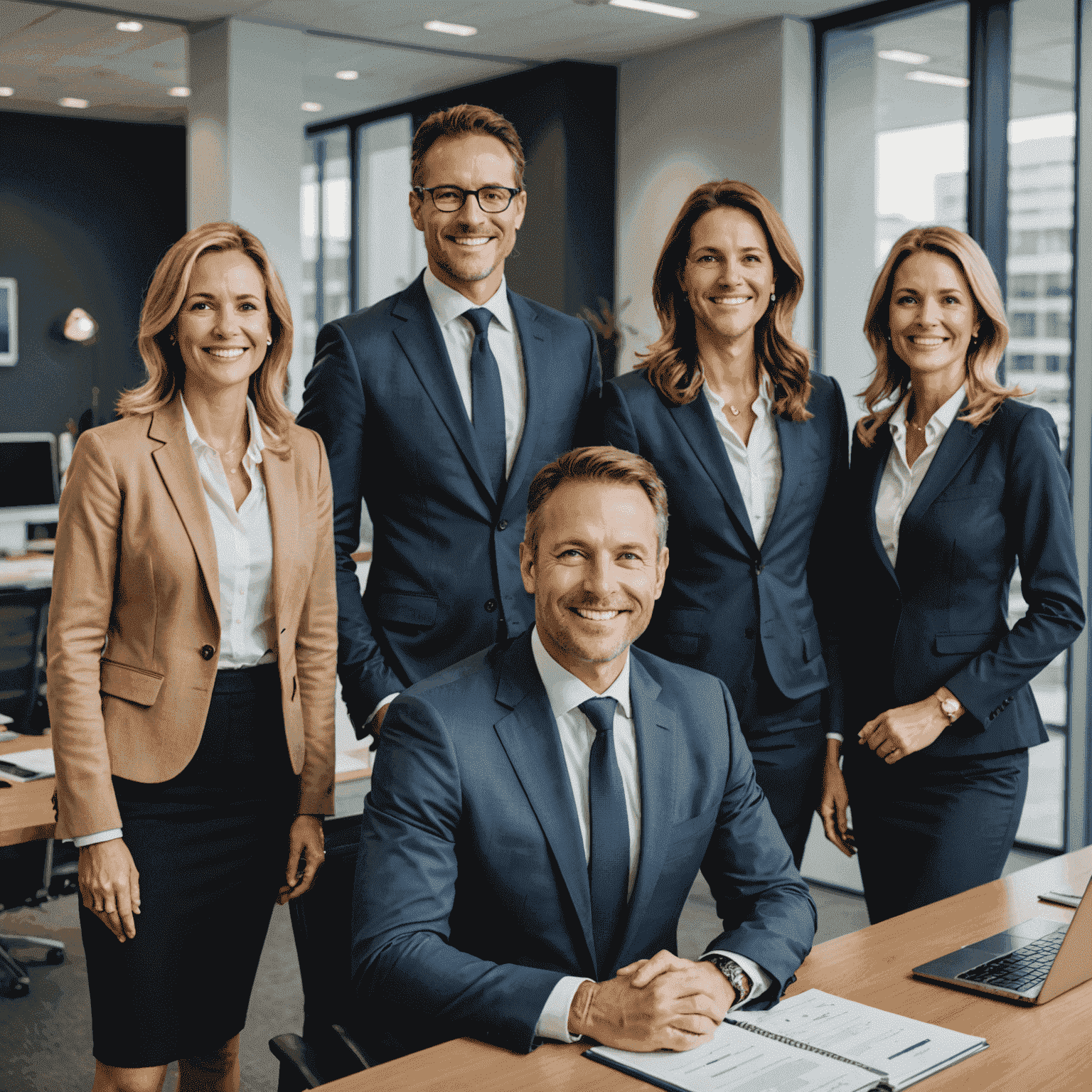 The Eurogold team of financial advisors in a modern office setting, dressed professionally and smiling confidently. The image showcases a diverse group of experts ready to assist clients with their investment needs.