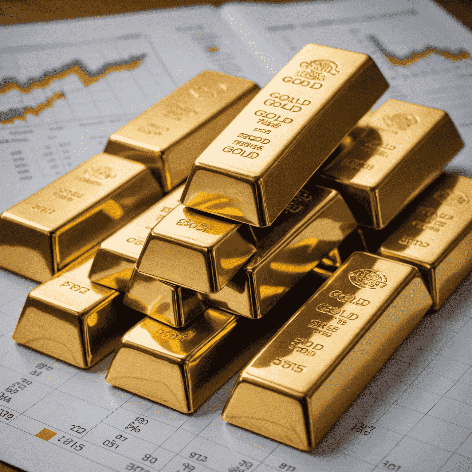 A stack of gold bars with a financial chart in the background, symbolizing the benefits and growth potential of gold investments