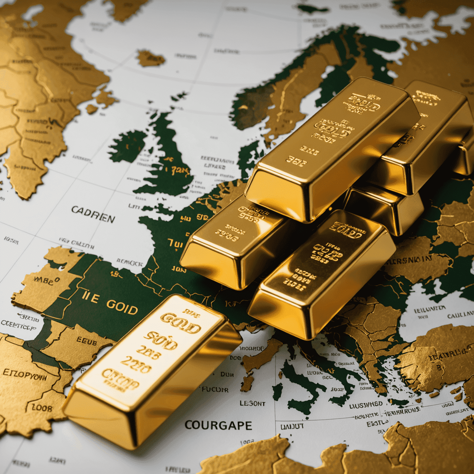A sophisticated chart showing gold price trends in Europe, with metallic gold bars in the foreground and a map of Europe in the background