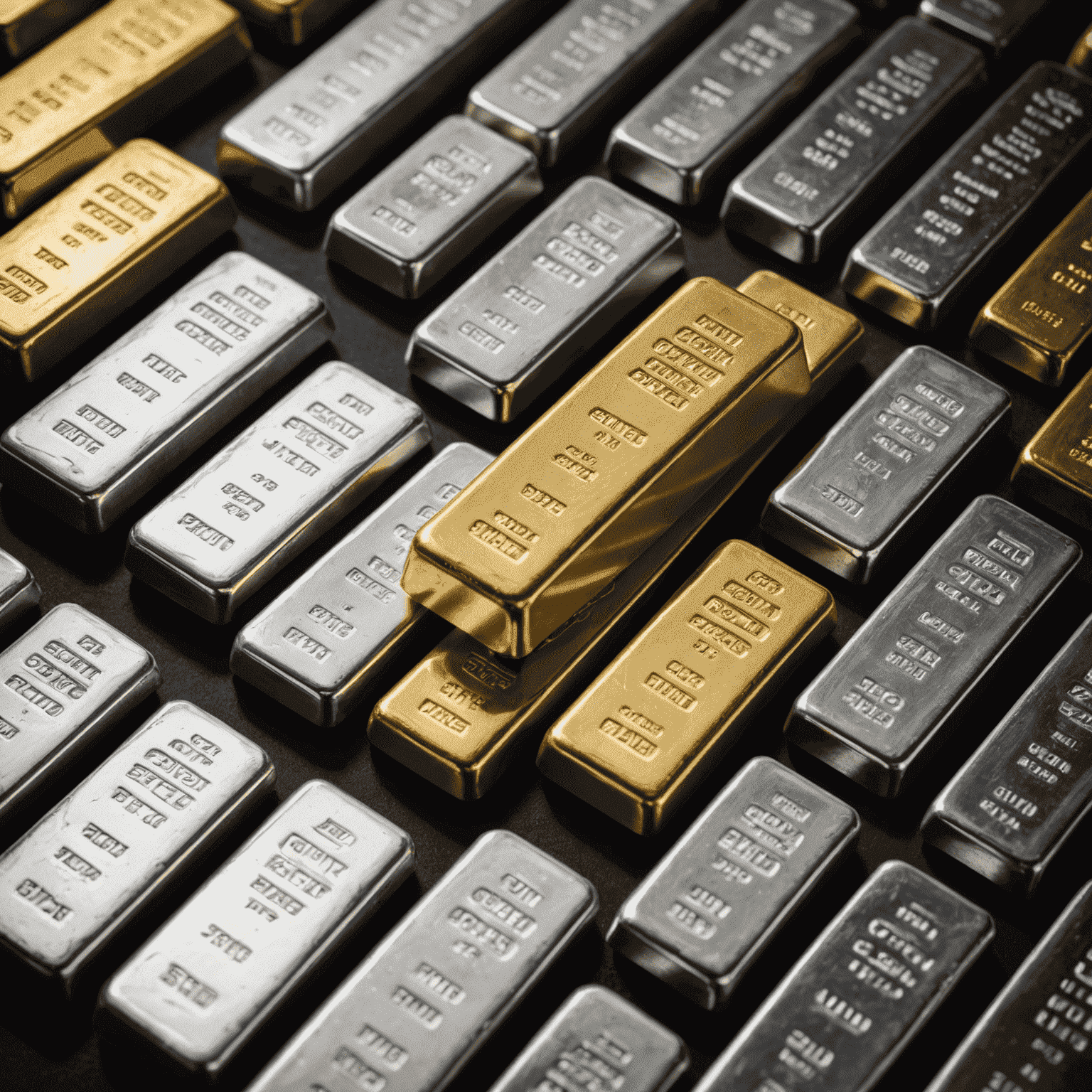 Various precious metals including gold, silver, platinum, and palladium bars arranged side by side