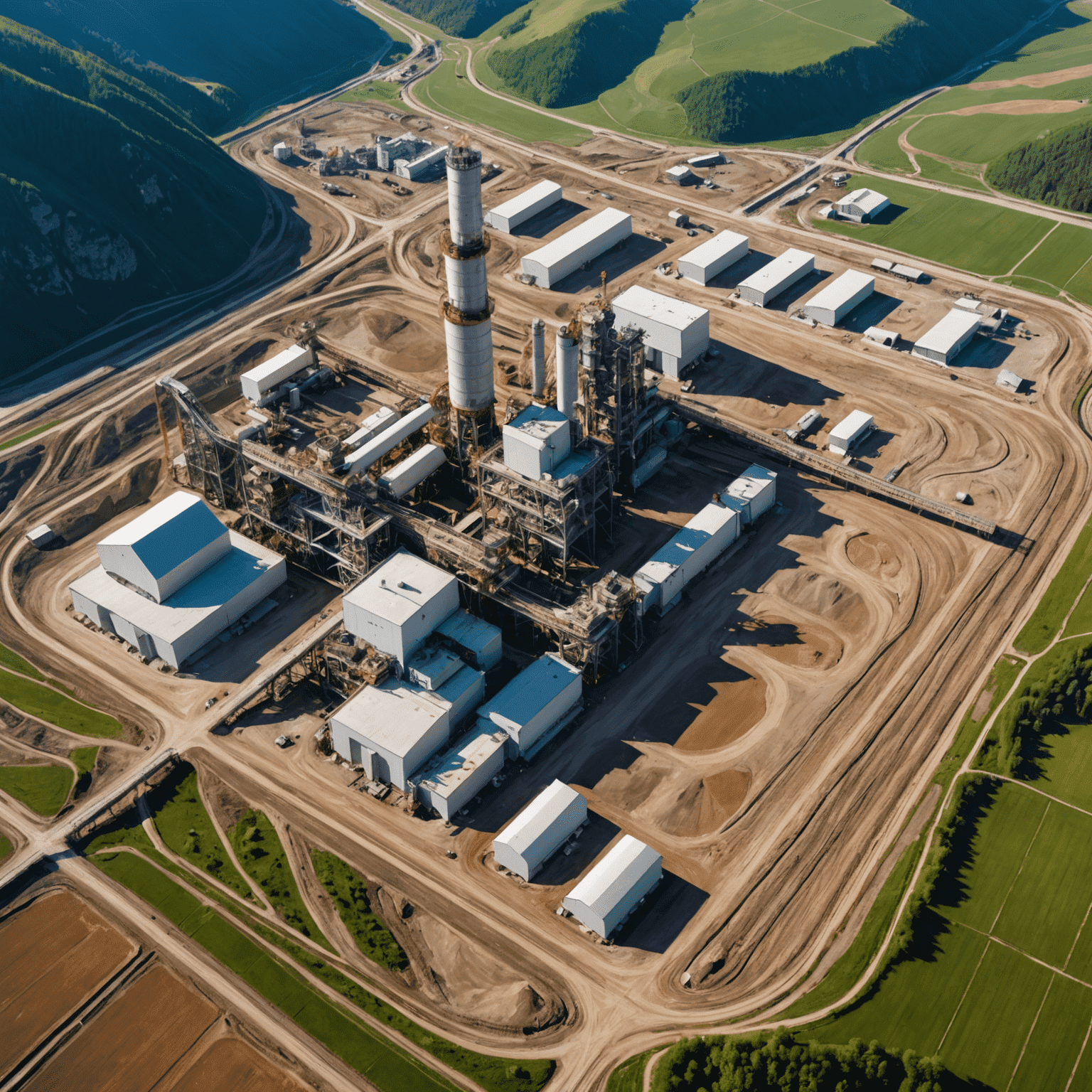 Aerial view of a modern gold mining facility in Slovakia, showcasing large-scale operations with advanced machinery and processing plants amidst the picturesque Slovak landscape