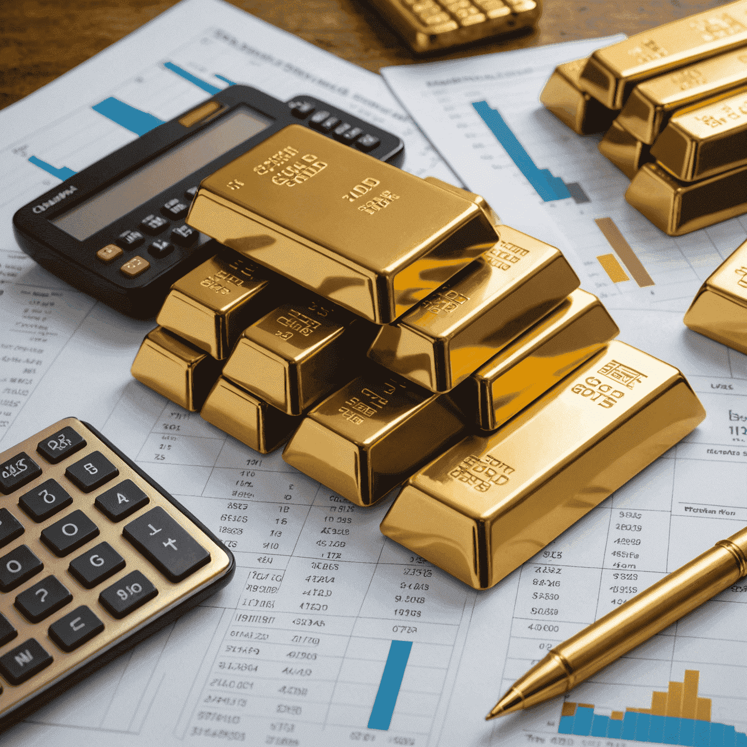 A stack of gold bars next to financial charts and a calculator, symbolizing gold investment strategies