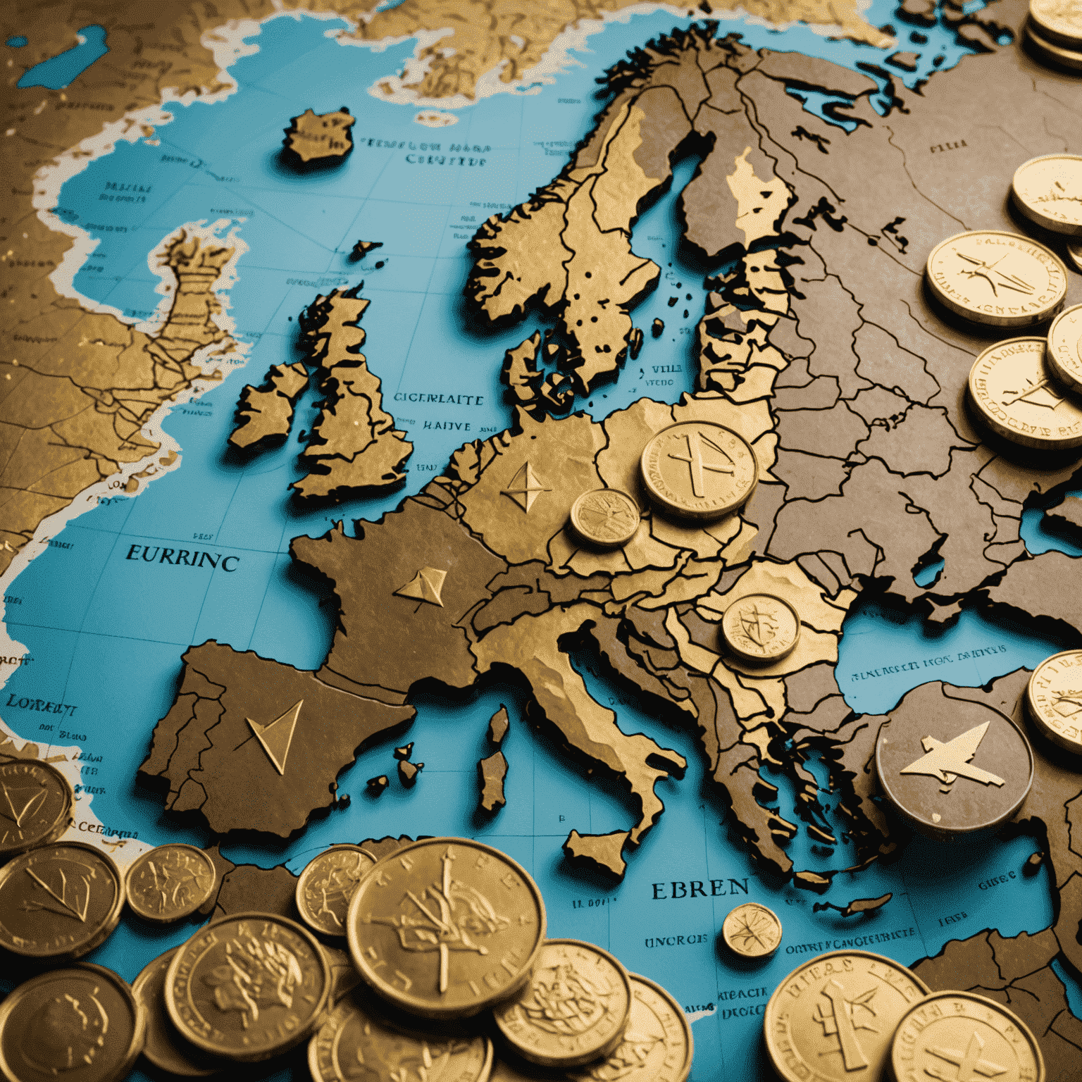 A map of Europe overlaid with gold coins and market trend arrows, illustrating the dynamics of the European gold market