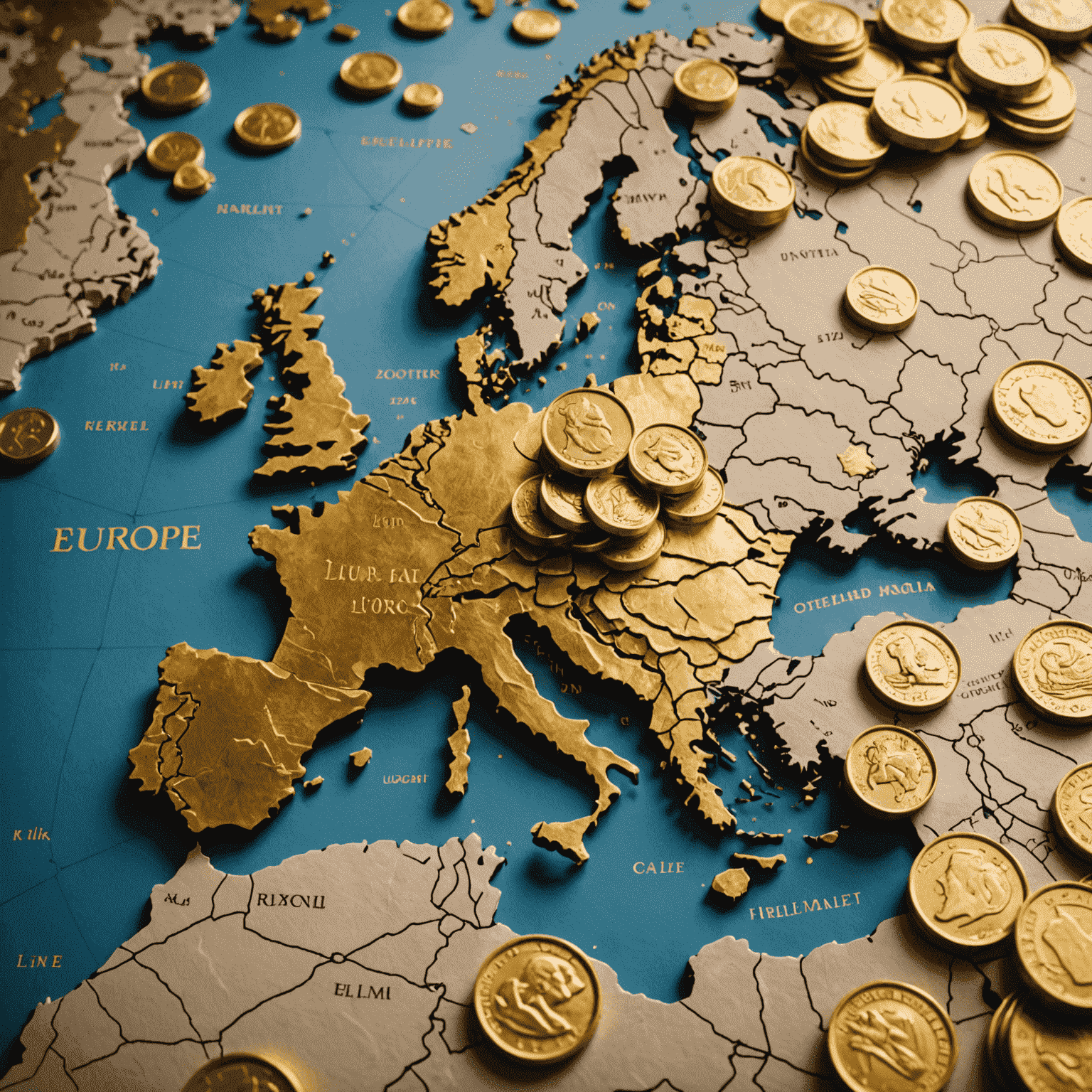 Map of Europe with gold coins scattered across, illustrating the European gold market