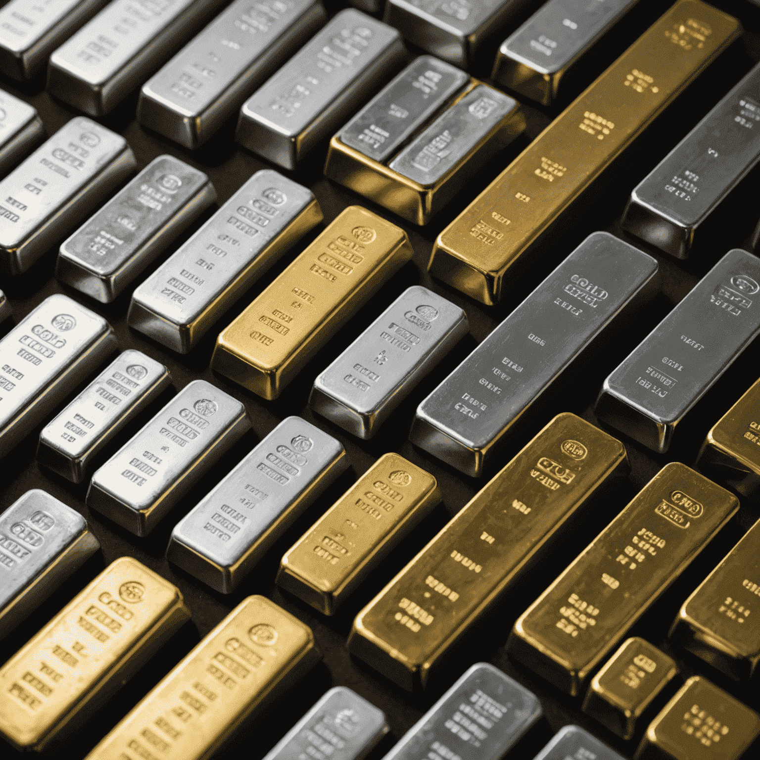 Various precious metal bars side by side: gold, silver, platinum, and palladium