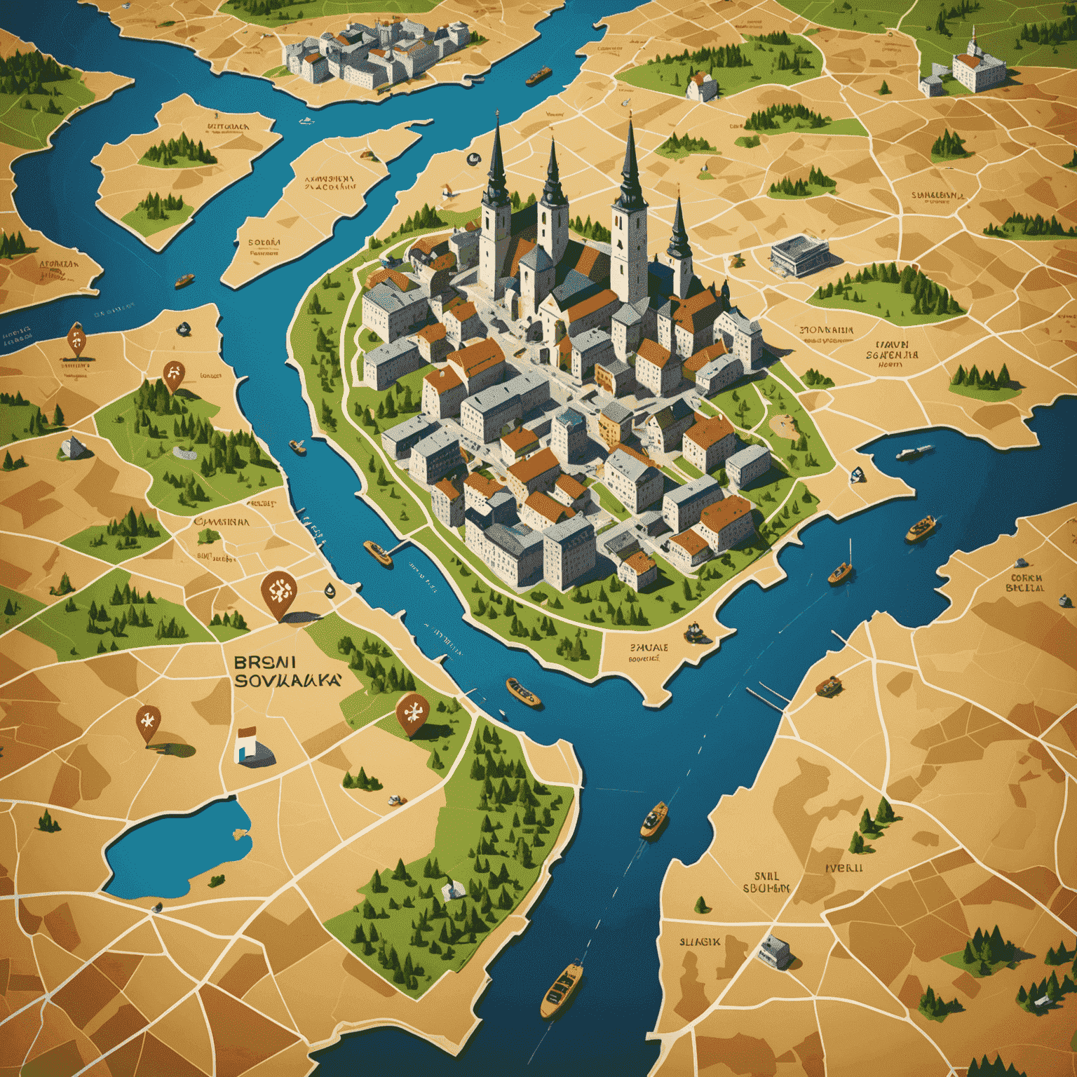 Map of Slovakia with gold mining symbols and financial district of Bratislava