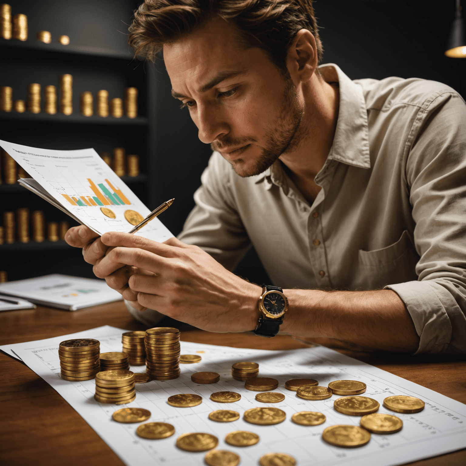 A beginner investor looking at gold coins and charts, symbolizing first steps in gold investment